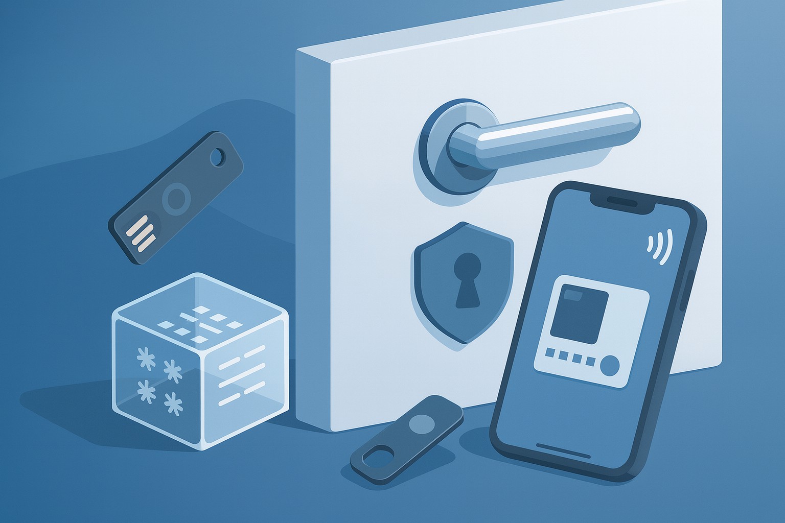Illustration: Datentresor mit Token und Smartphone im 247Sicherheit-Stil